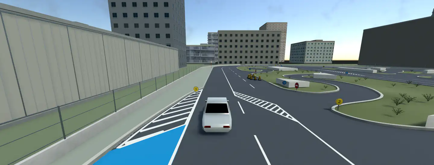 指定直线：车沿外周道路直行，左边是蓝色乘降带